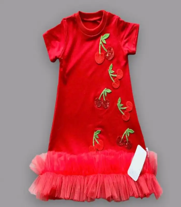 1-2-3 Yaş Payetli Kiraz Nakışlı Eteği Fırfırlı Jile Kız Çocuk Elbisesi Kırmızı