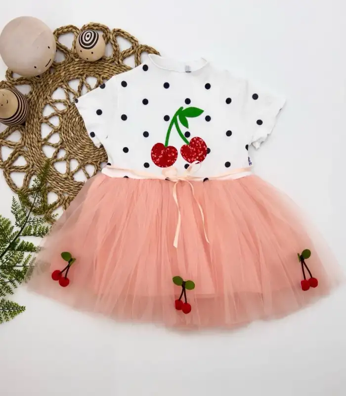 1-2-3 Yaş Payetli Kiraz Nakışlı Kiraz Etekli Kız Bebek Tütü Elbisesi Pudra