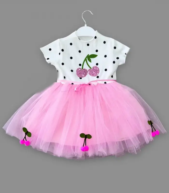 1-2-3 Yaş Payetli Kiraz Nakışlı Kiraz Etekli Kız Bebek Tütü Elbisesi Pembe