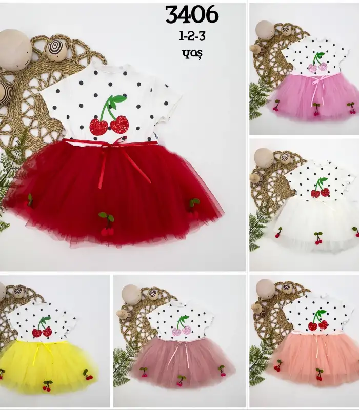 1-2-3 Yaş Payetli Kiraz Nakışlı Kiraz Etekli Kız Bebek Tütü Elbisesi Pudra