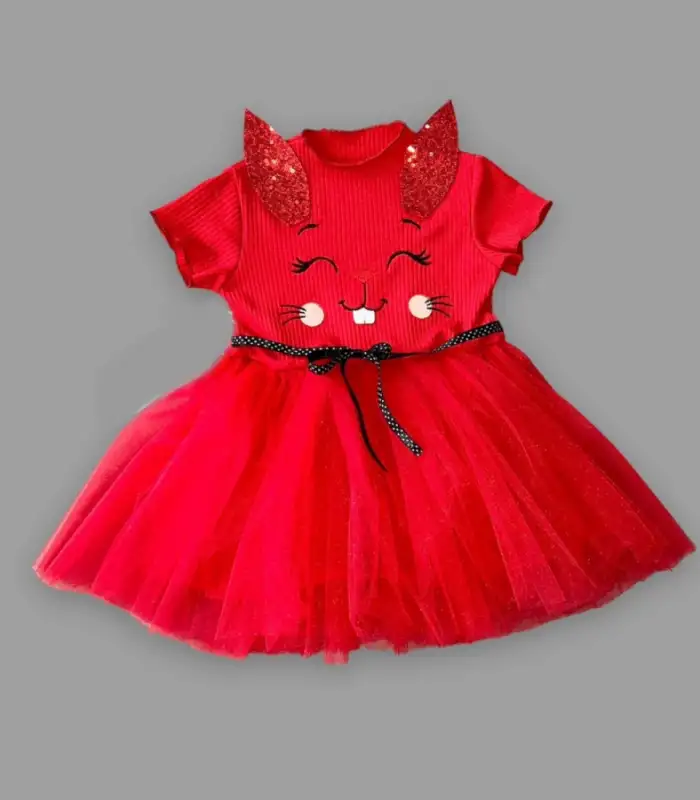 1-2-3 Yaş Payetli Kulak Tavşan Baskılı Kız Bebek Elbisesi Kırmızı