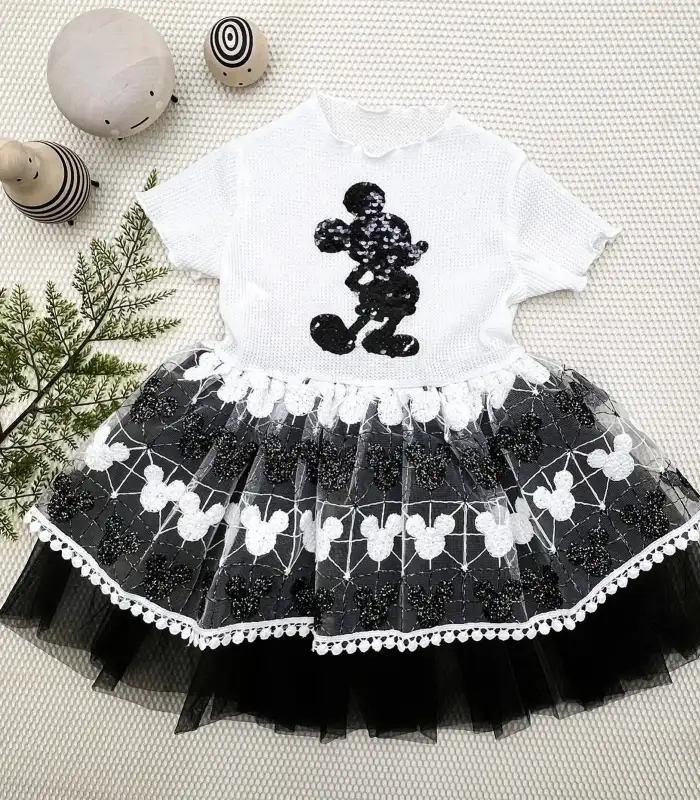 1-2-3 Yaş Payetli Mickey Baskılı Brode Etekli Kız Bebek Elbisesi Siyah