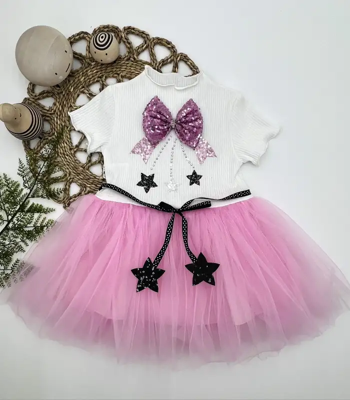 1-2-3 Yaş Payetli Yıldız Nakışlı Astarlı Etek Kız Bebek Tütü Elbisesi Beyaz