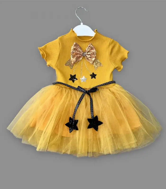1-2-3 Yaş Payetli Yıldız Nakışlı Astarlı Etek Kız Bebek Tütü Elbisesi Hardal