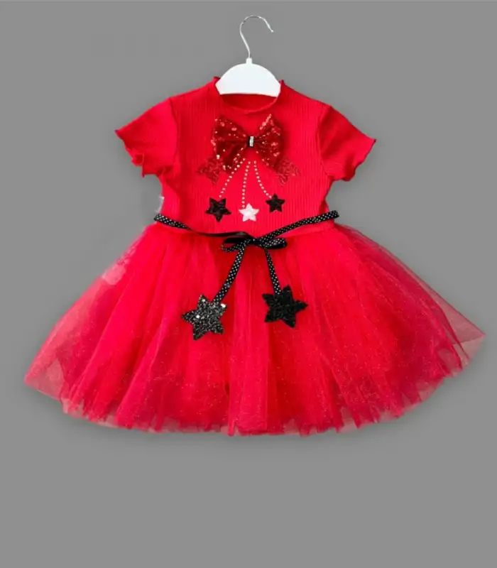 1-2-3 Yaş Payetli Yıldız Nakışlı Astarlı Etek Kız Bebek Tütü Elbisesi Kırmızı