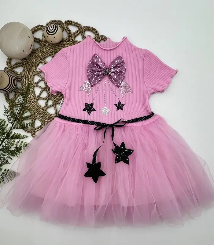 1-2-3 Yaş Payetli Yıldız Nakışlı Astarlı Etek Kız Bebek Tütü Elbisesi Pembe