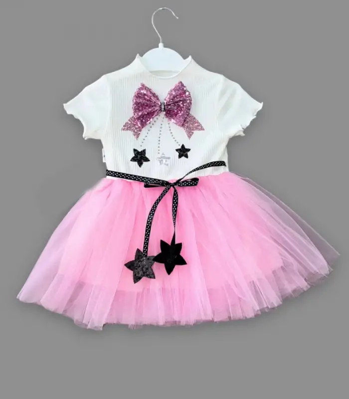 1-2-3 Yaş Payetli Yıldız Nakışlı Astarlı Etek Kız Bebek Tütü Elbisesi Beyaz