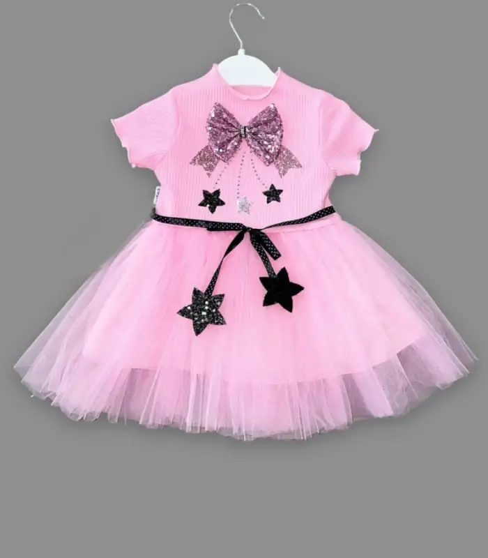 1-2-3 Yaş Payetli Yıldız Nakışlı Astarlı Etek Kız Bebek Tütü Elbisesi Pembe