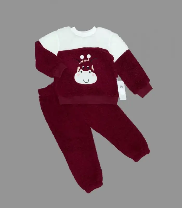 1-2-3 Yaş Ponponlu Zürafa Desenli Kuzu Kumaş Uzun Kollu 2li Kız Erkek Çocuk Takımı Bordo