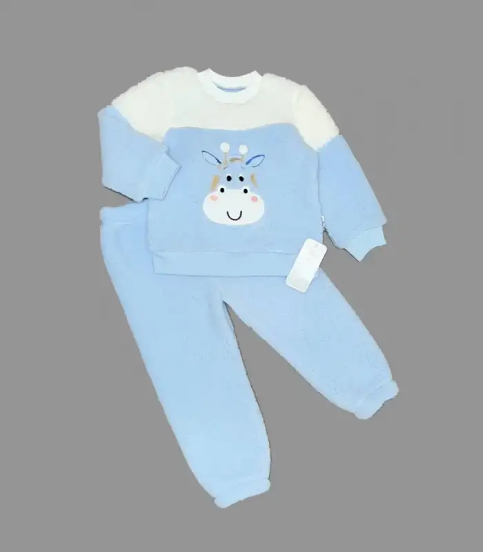 1-2-3 Yaş Ponponlu Zürafa Desenli Kuzu Kumaş Uzun Kollu 2li Kız Erkek Çocuk Takımı Mavi