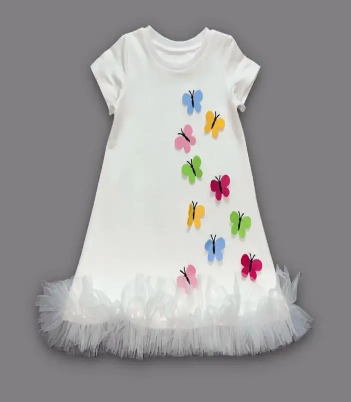 1-2-3 Yaş Renkli Kelebekler Nakışlı Eteği Fırfırlı Jile Çocuk Elbisesi Beyaz
