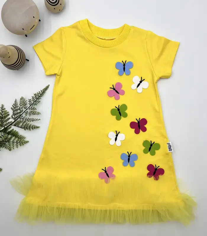 1-2-3 Yaş Renkli Kelebekler Nakışlı Eteği Fırfırlı Jile Çocuk Elbisesi Sarı