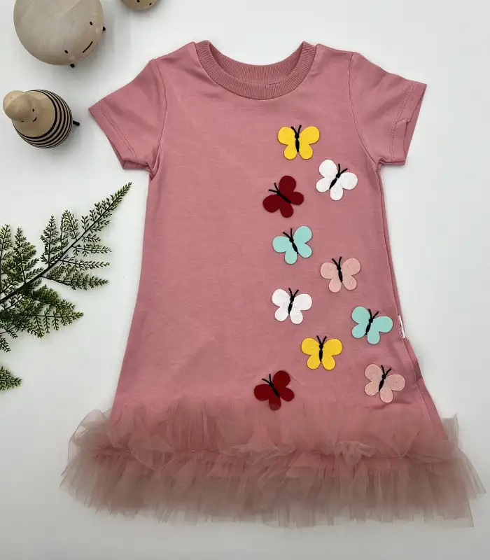 1-2-3 Yaş Renkli Kelebekler Nakışlı Eteği Fırfırlı Jile Çocuk Elbisesi Gül Kurusu