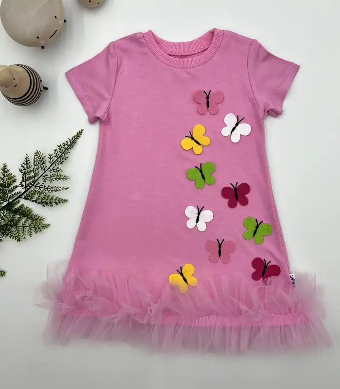 1-2-3 Yaş Renkli Kelebekler Nakışlı Eteği Fırfırlı Jile Çocuk Elbisesi Pembe