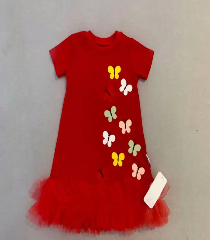 1-2-3 Yaş Renkli Kelebekler Nakışlı Eteği Fırfırlı Jile Çocuk Elbisesi Kırmızı