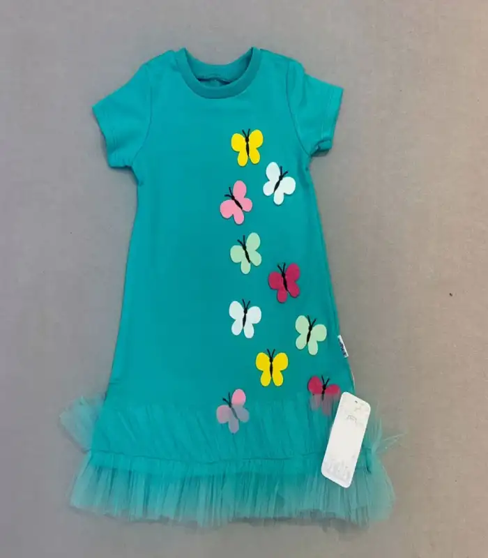 1-2-3 Yaş Renkli Kelebekler Nakışlı Eteği Fırfırlı Jile Çocuk Elbisesi Turkuaz