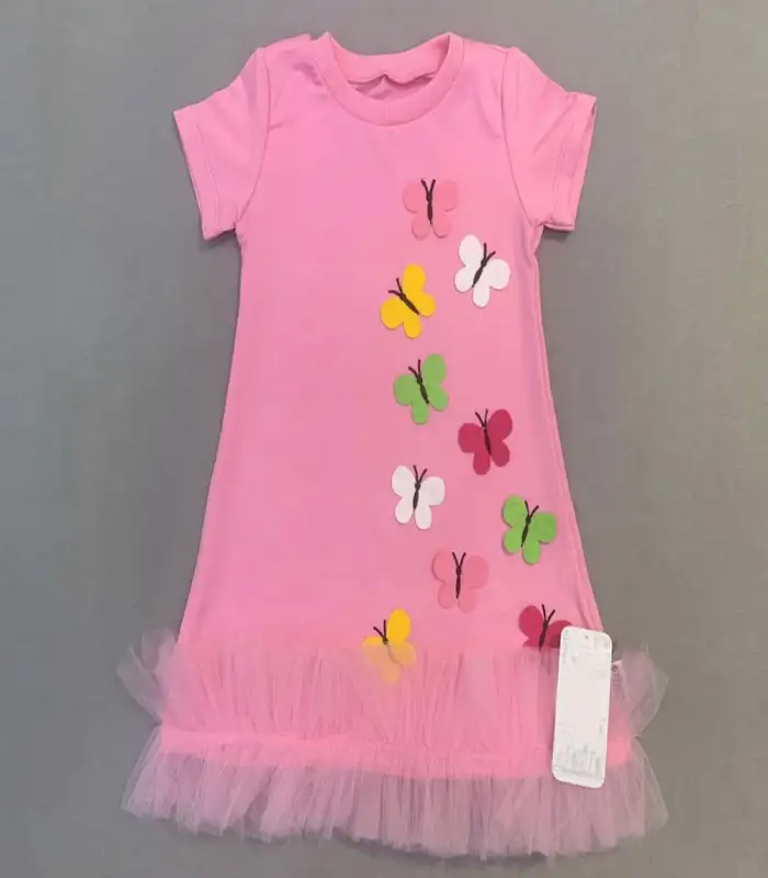 1-2-3 Yaş Renkli Kelebekler Nakışlı Eteği Fırfırlı Jile Çocuk Elbisesi Pembe