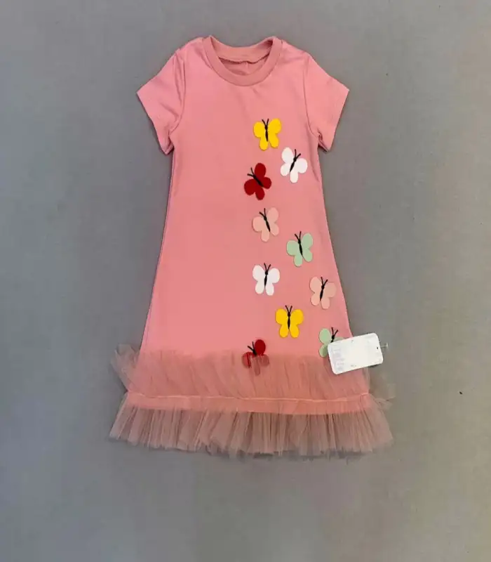1-2-3 Yaş Renkli Kelebekler Nakışlı Eteği Fırfırlı Jile Çocuk Elbisesi Gül Kurusu
