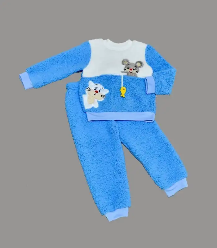 1-2-3 Yaş Sallanan Balık Nakışlı Kuzu Kumaş Sweat Pantolon Uzun Kollu Kız Erkek 2 Li Takımı Saks Mavisi