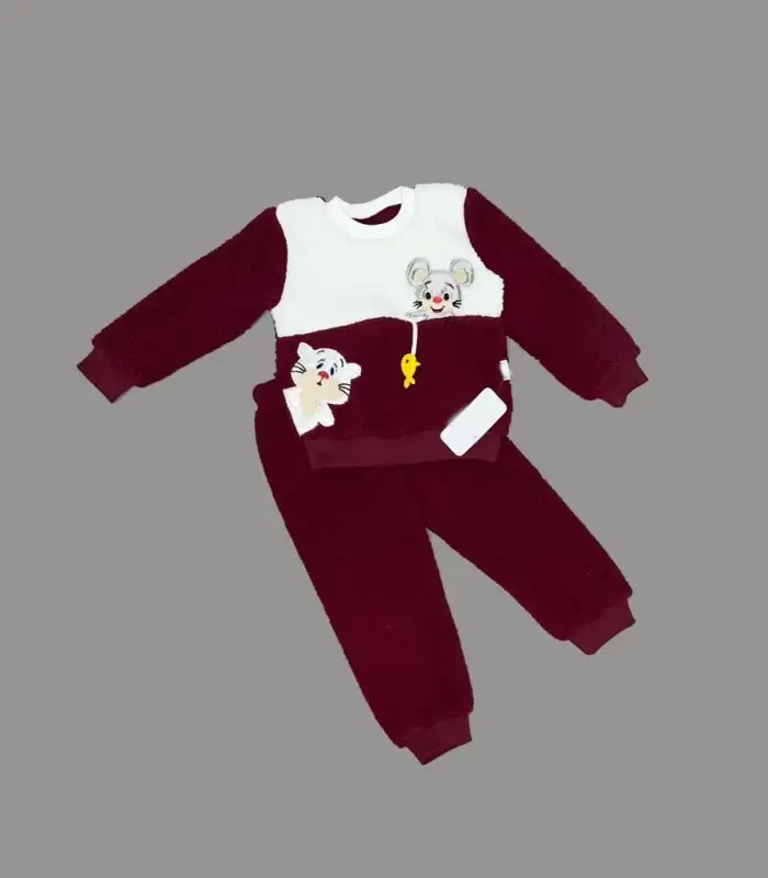 1-2-3 Yaş Sallanan Balık Nakışlı Kuzu Kumaş Sweat Pantolon Uzun Kollu Kız Erkek 2 Li Takımı Bordo