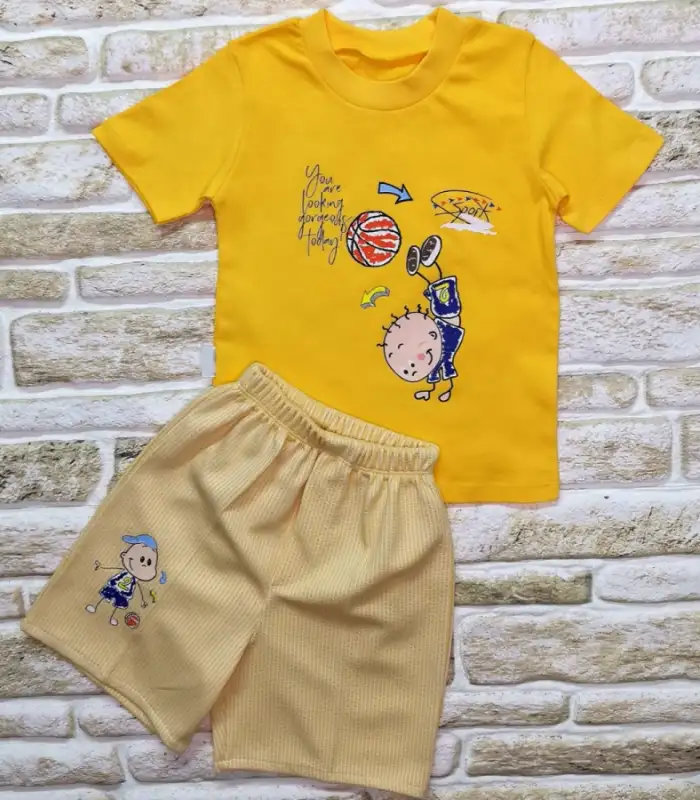 1-2-3 Yaş Topçu Erkek Çocuk Baskılı Şortlu Kısa Kollu Tişört 2li Erkek Bebek Takımı Sarı