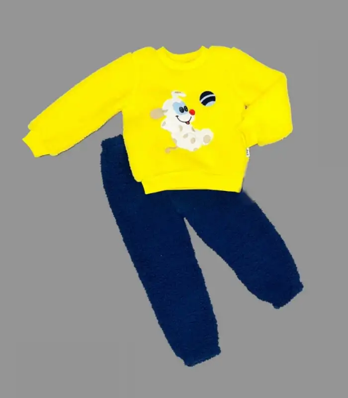 1-2-3 Yaş Toplu Köpek Nakışlı Kuzu Kumaş Sweat Pantolonlu Uzun Kollu Kız Erkek Bebek Takımı Sarı