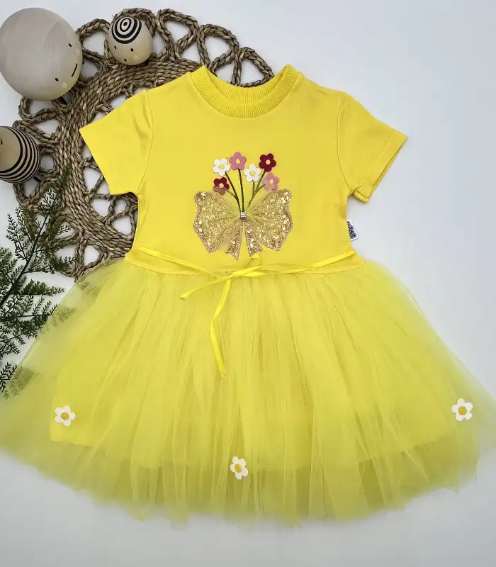 1-2-3 Yaş Tül Fiyonk Çiçekler Nakışlı Astarlı Kız Bebek Tütü Elbisesi Sarı