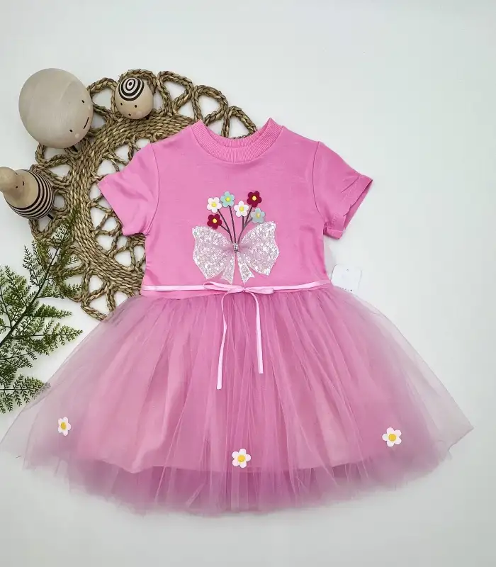 1-2-3 Yaş Tül Fiyonk Çiçekler Nakışlı Astarlı Kız Bebek Tütü Elbisesi Pembe