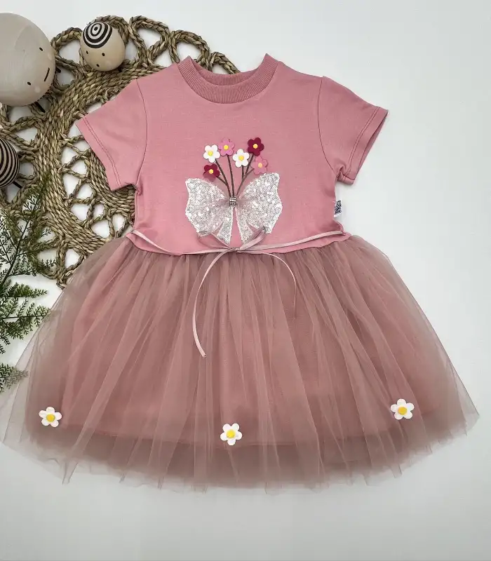 1-2-3 Yaş Tül Fiyonk Çiçekler Nakışlı Astarlı Kız Bebek Tütü Elbisesi Pudra