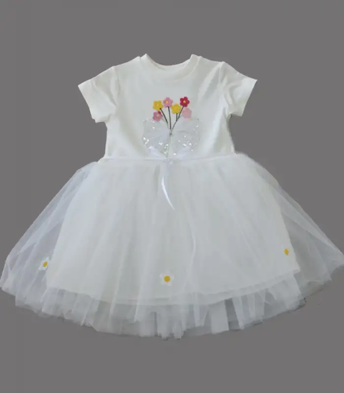 1-2-3 Yaş Tül Fiyonk Çiçekler Nakışlı Astarlı Kız Bebek Tütü Elbisesi Beyaz