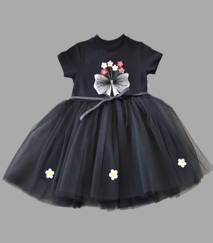 1-2-3 Yaş Tül Fiyonk Çiçekler Nakışlı Astarlı Kız Bebek Tütü Elbisesi Siyah