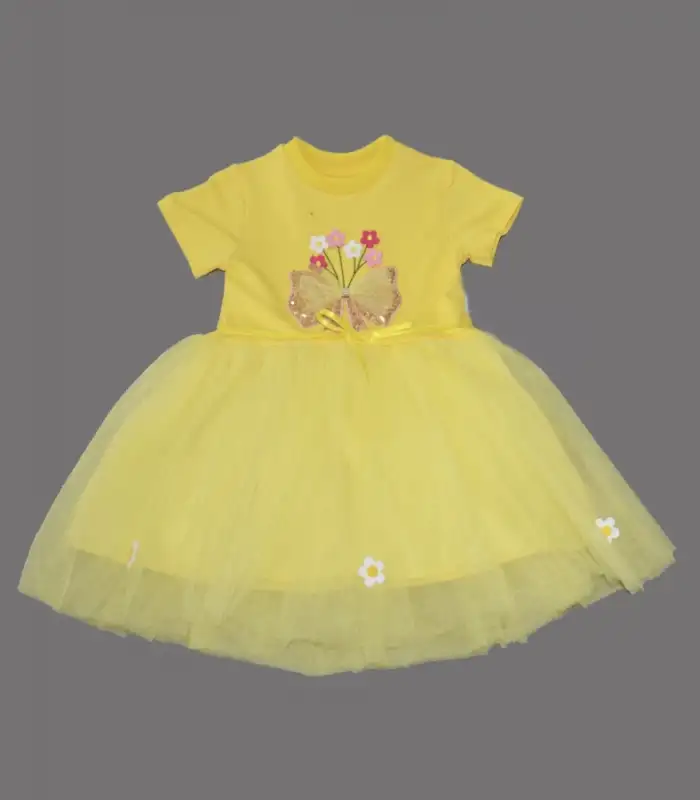 1-2-3 Yaş Tül Fiyonk Çiçekler Nakışlı Astarlı Kız Bebek Tütü Elbisesi Sarı