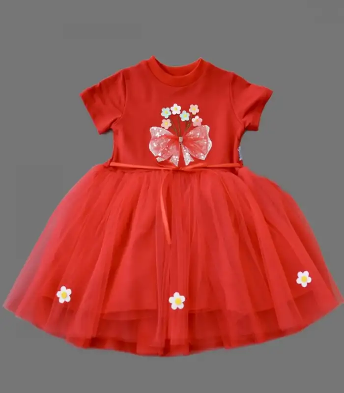 1-2-3 Yaş Tül Fiyonk Çiçekler Nakışlı Astarlı Kız Bebek Tütü Elbisesi Kırmızı
