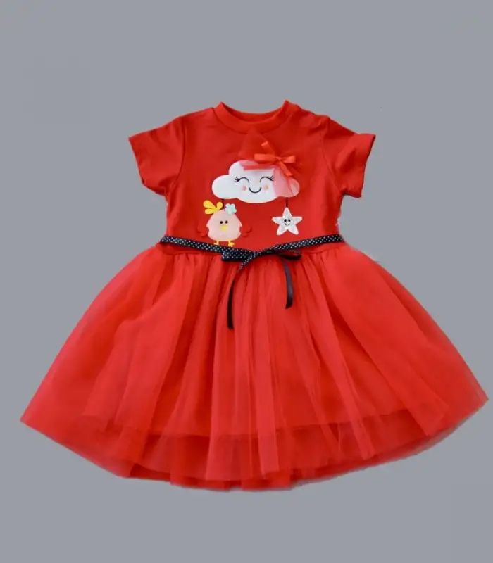 1-2-3 Yaş Tül Tokalı Bulut Civciv Ve Yıldız Nakışlı Kız Bebek Elbisesi Kırmızı