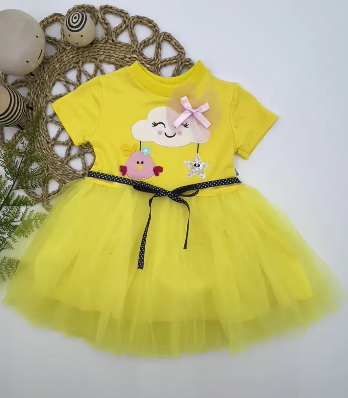 1-2-3 Yaş Tül Tokalı Bulut Civciv Ve Yıldız Nakışlı Kız Bebek Elbisesi Sarı