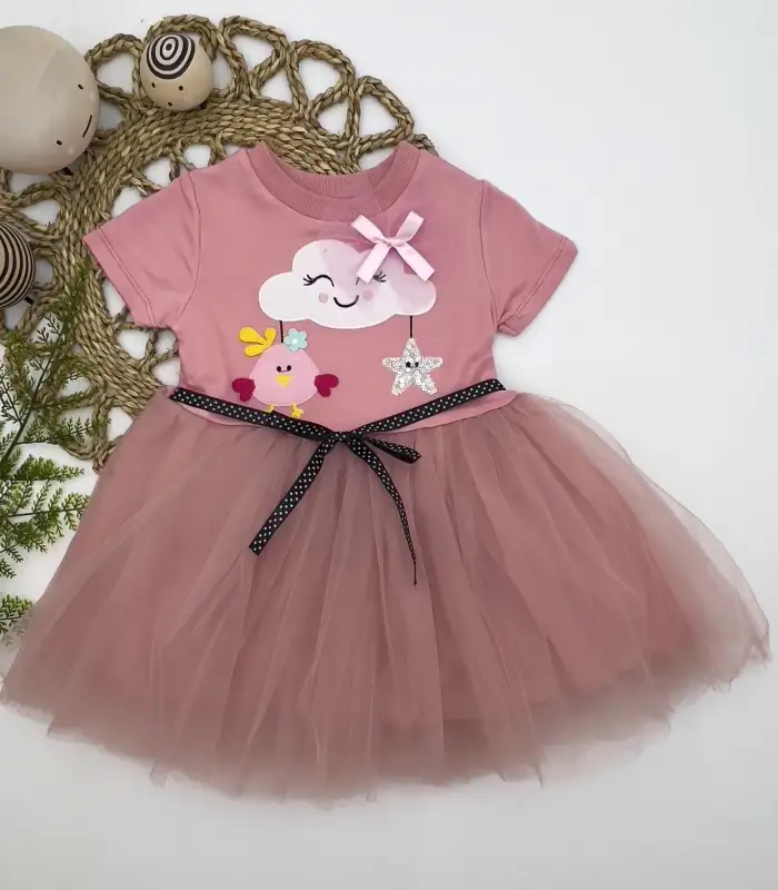 1-2-3 Yaş Tül Tokalı Bulut Civciv Ve Yıldız Nakışlı Kız Bebek Elbisesi Gül Kurusu