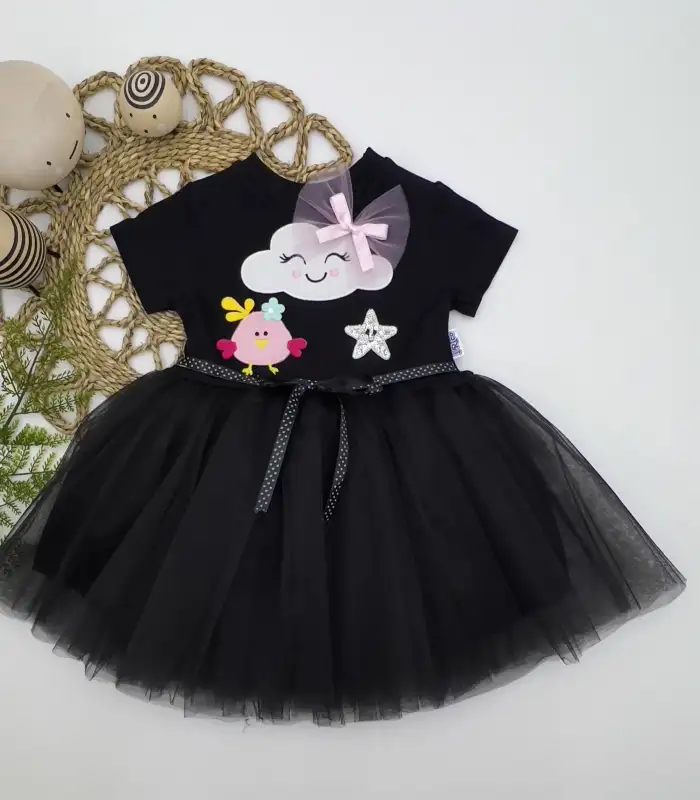 1-2-3 Yaş Tül Tokalı Bulut Civciv Ve Yıldız Nakışlı Kız Bebek Elbisesi Siyah