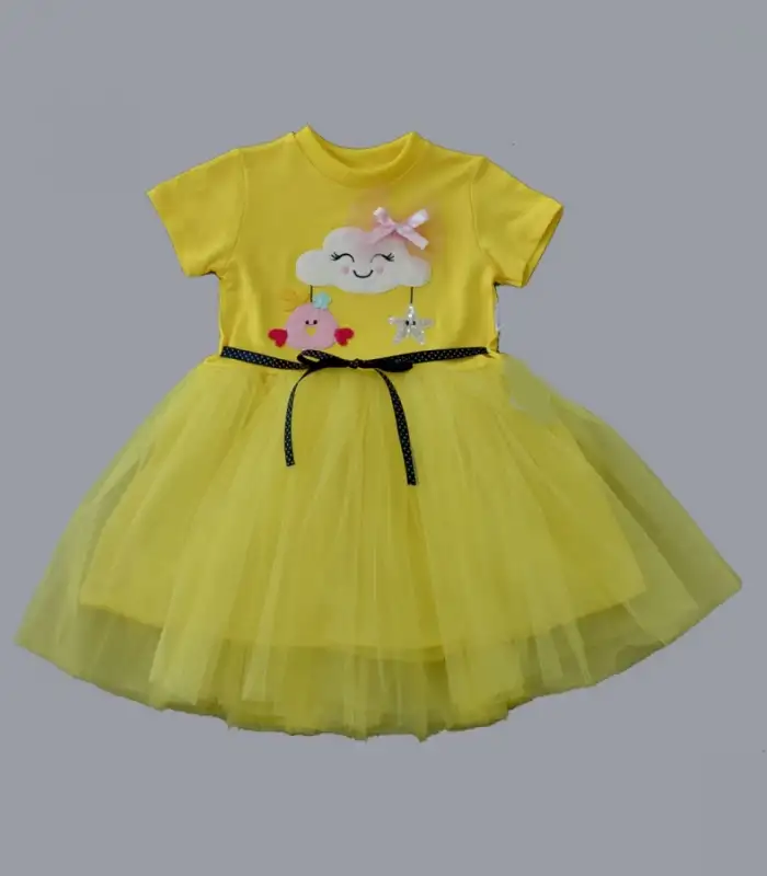 1-2-3 Yaş Tül Tokalı Bulut Civciv Ve Yıldız Nakışlı Kız Bebek Elbisesi Sarı