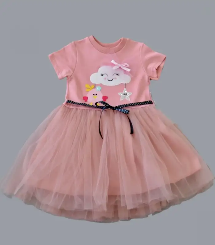 1-2-3 Yaş Tül Tokalı Bulut Civciv Ve Yıldız Nakışlı Kız Bebek Elbisesi Gül Kurusu
