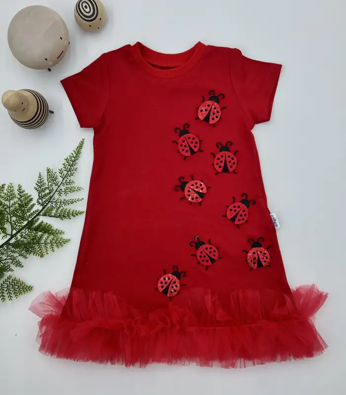 1-2-3 Yaş Uğur Böceği Nakışlı Fırfır Uçlu Kız Çocuk Jile Elbisesi Kırmızı