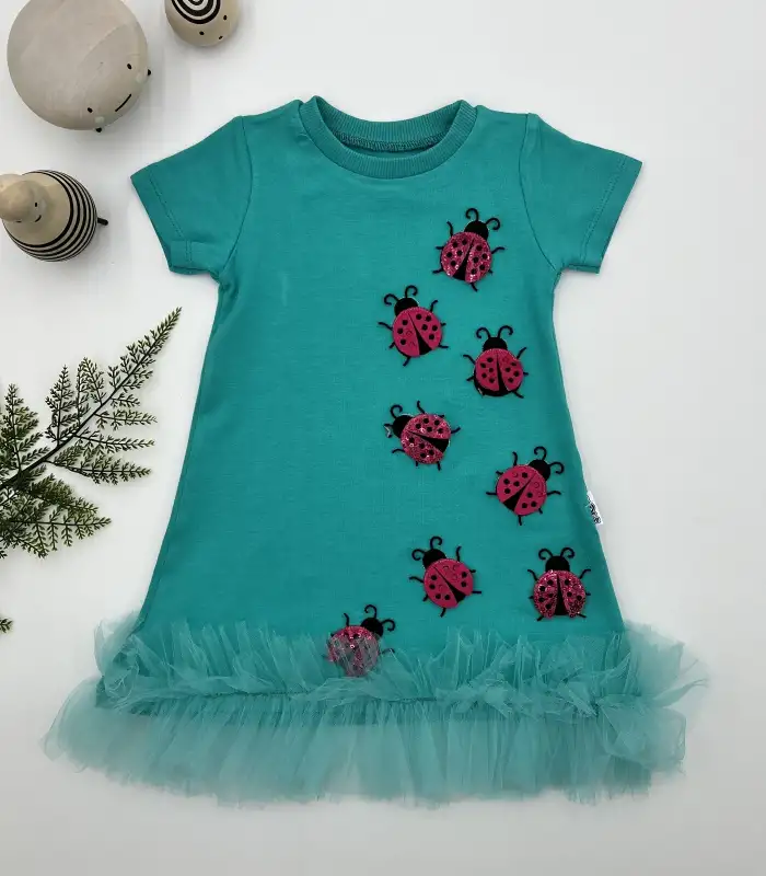 1-2-3 Yaş Uğur Böceği Nakışlı Fırfır Uçlu Kız Çocuk Jile Elbisesi Turkuaz
