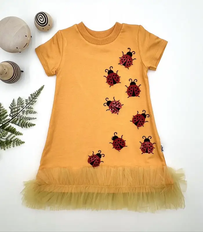 1-2-3 Yaş Uğur Böceği Nakışlı Fırfır Uçlu Kız Çocuk Jile Elbisesi Turuncu
