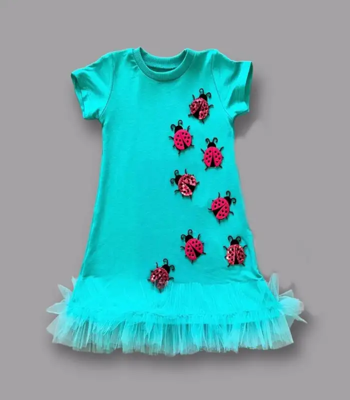 1-2-3 Yaş Uğur Böceği Nakışlı Fırfır Uçlu Kız Çocuk Jile Elbisesi Turkuaz