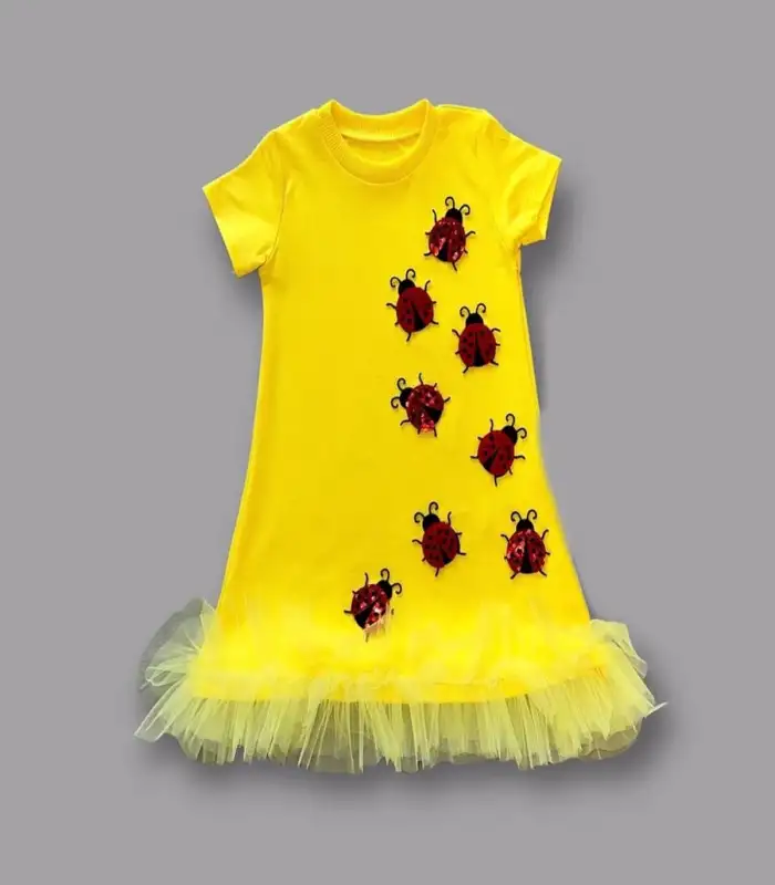 1-2-3 Yaş Uğur Böceği Nakışlı Fırfır Uçlu Kız Çocuk Jile Elbisesi Sarı
