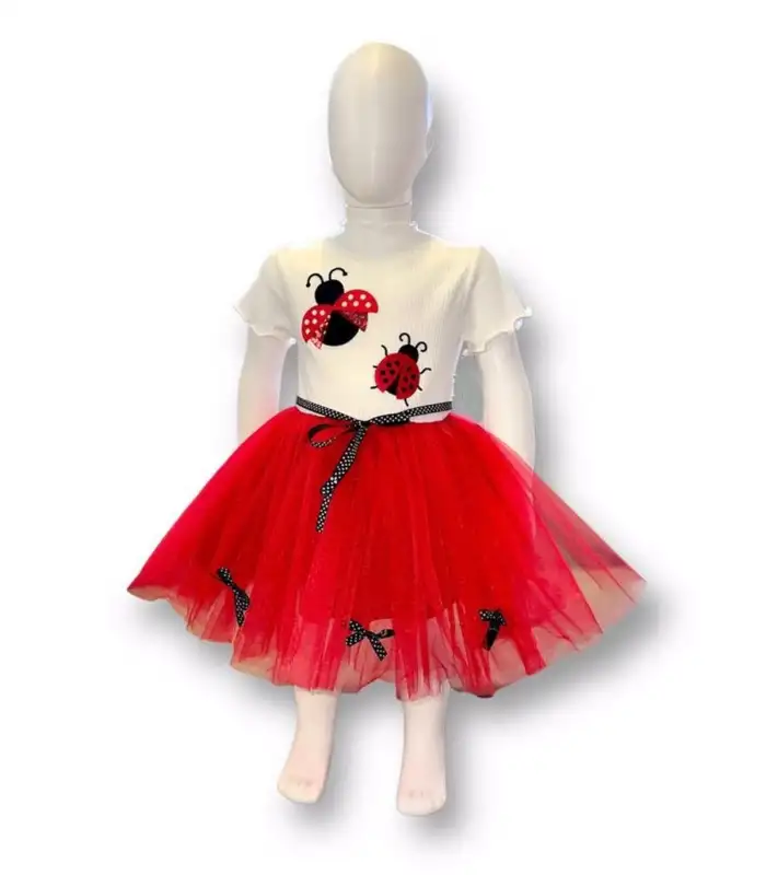 1-2-3 Yaş Uğur Böceği Nakışlı Kurdela Kuşak Kız Çocuk Elbisesi Kırmızı-Ekru