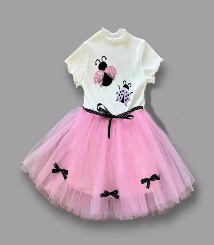 1-2-3 Yaş Uğur Böceği Nakışlı Kurdela Kuşak Kız Çocuk Elbisesi Pembe-Ekru