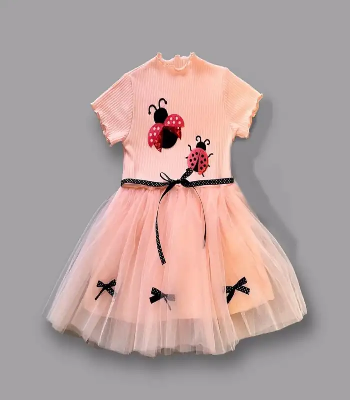 1-2-3 Yaş Uğur Böceği Nakışlı Kurdela Kuşak Kız Çocuk Elbisesi Somon