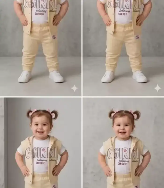 1/4 Yaş Girl Baskılı Yelekli 3lü Çocuk Takımı