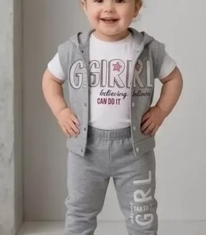 1/4 Yaş Girl Baskılı Yelekli 3lü Çocuk Takımı