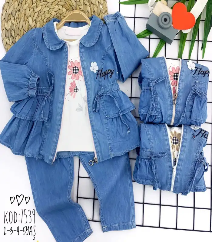 2-3-4-5 Fermuarlı Kot Ceket Kot Pantolon Sweatli 3 Lü Kız Çocuk Takımı Mavi